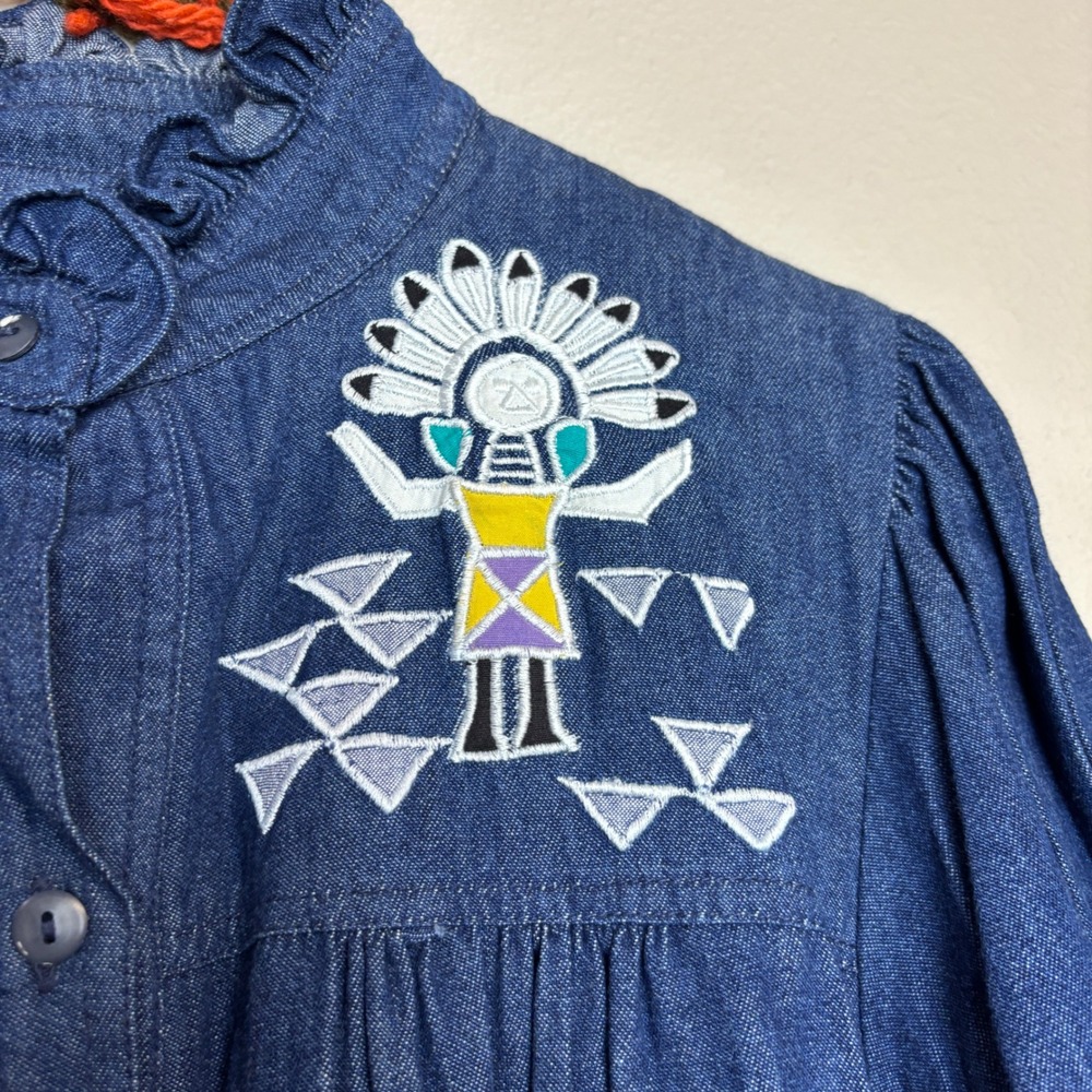 Vintage 90s Denim Maxi Dress Embroidered Kachina Blue Large Prairie Cottage Boho - Picture 4 of 16